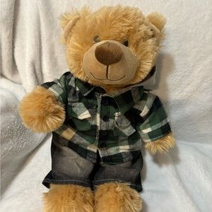 Build-A-Bear Teddy Bear Plush Stuffed Animal 15" Plaid Green Gray Hood BAB Soft